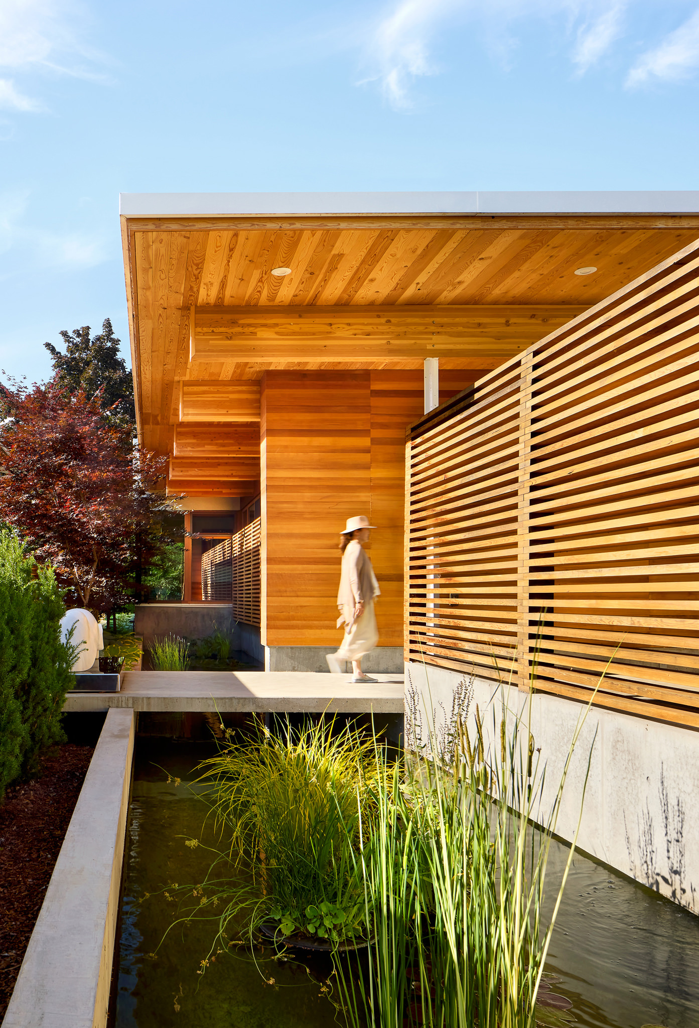 Modern Wood Residence With Woman Walking Over Water Feature